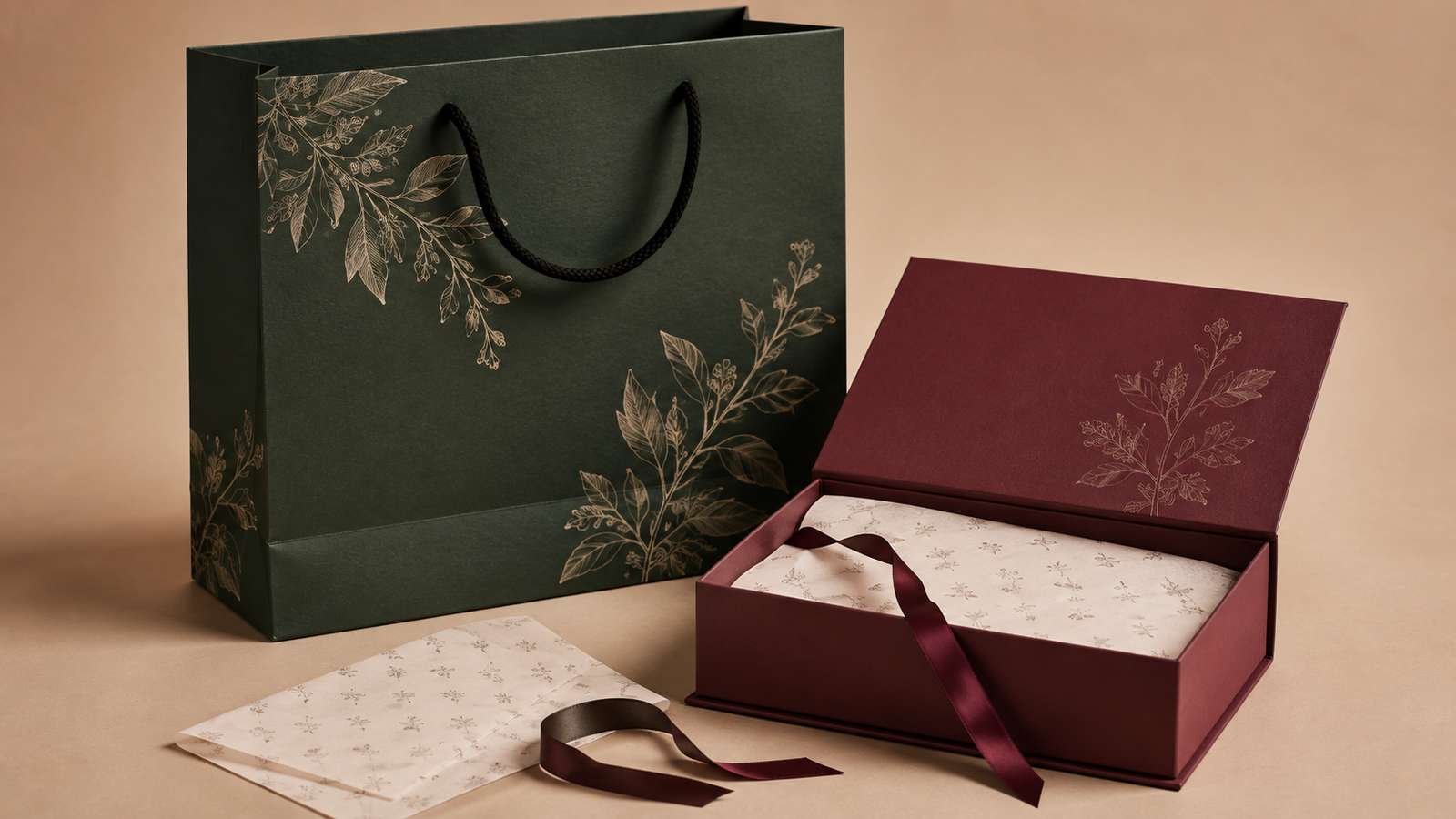 Forest green printed luxury paper bag with a burgundy rigid gift box, patterned ivory tissue and satin ribbon