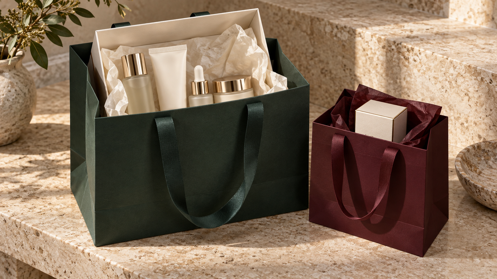 Large forest-green luxury paper bag with boxed skincare set and tissue beside a compact burgundy paper bag for a small cosmetic carton