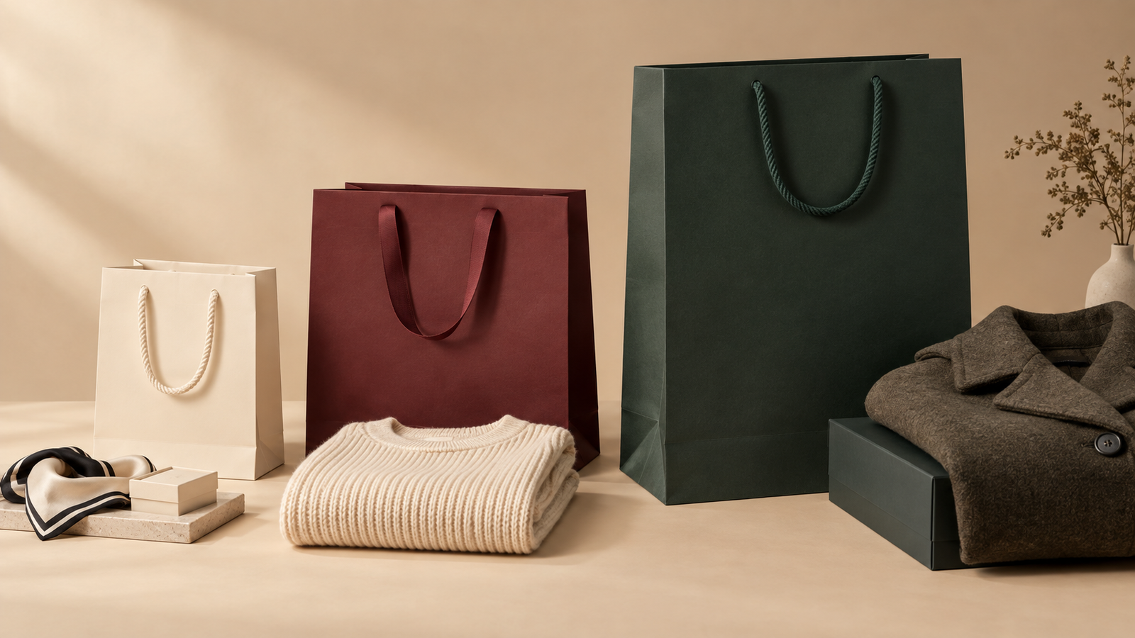 Small ivory, medium burgundy and tall forest-green boutique paper bags arranged with an accessory box, folded knitwear and outerwear