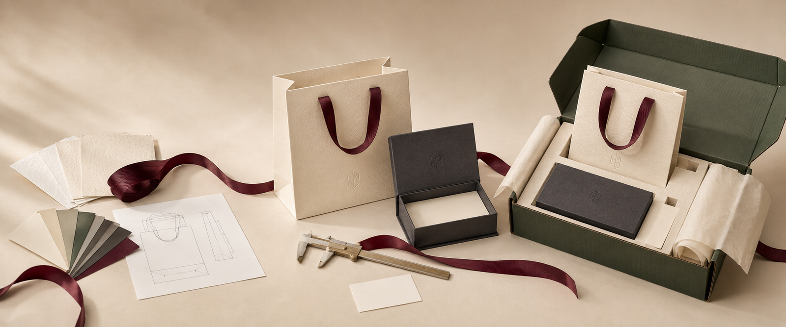 Luxury paper bags, rigid gift boxes, tissue paper, ribbon and packaging samples arranged from design to delivery