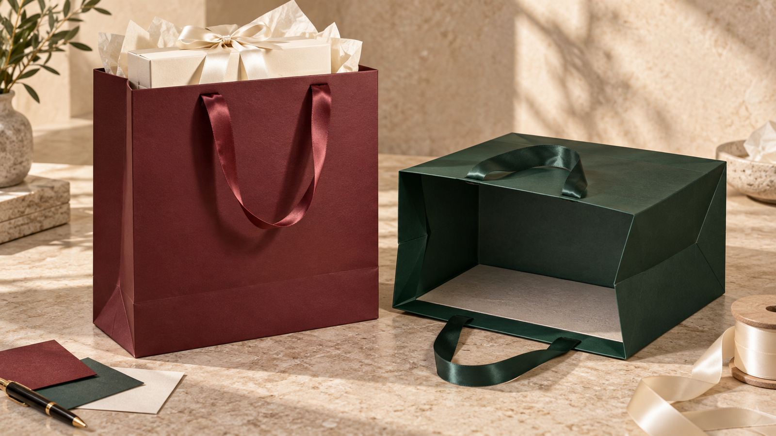 Burgundy luxury paper bag holding an ivory gift box beside an open green bag showing its base board and gusset folds