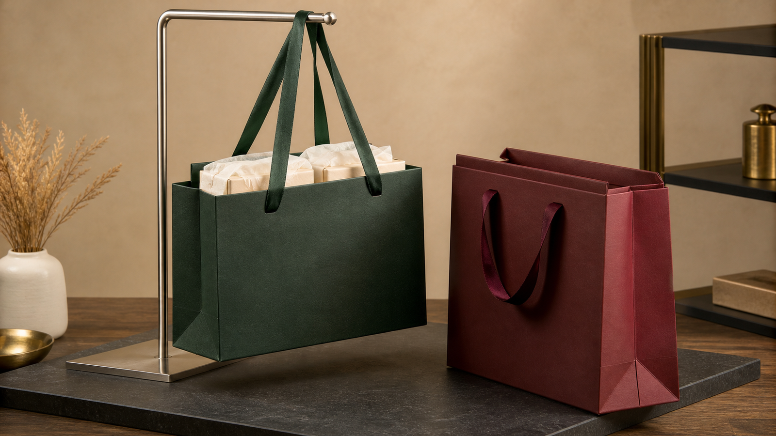 Forest green luxury paper bag carrying two gift boxes in a controlled handle and load test beside a burgundy paper bag