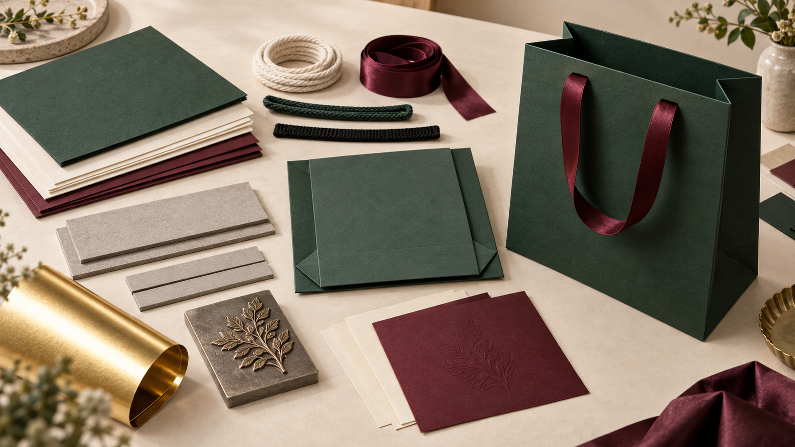 Forest-green luxury paper bag with paper sheets, rope and ribbon handles, reinforcement boards, gold foil and embossing die