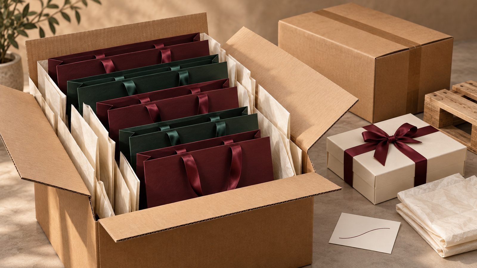 Nested burgundy and forest green luxury paper bags protected with paper dividers inside an open kraft export carton