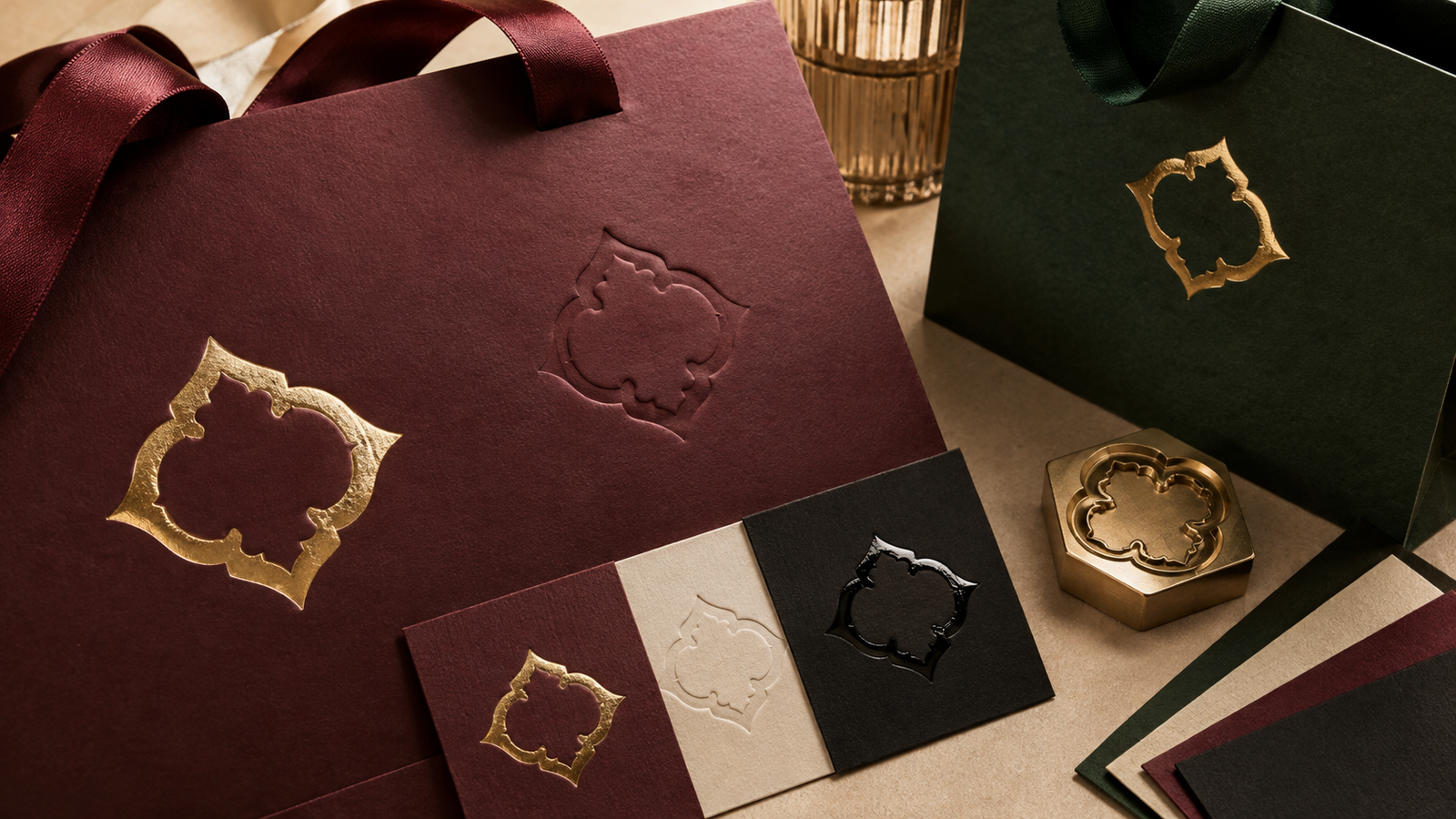 Burgundy and green luxury paper bags with foil, blind emboss and spot gloss samples beside a brass stamping die