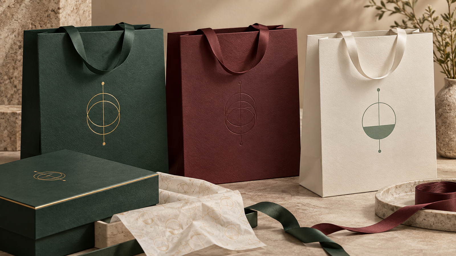 Forest-green, burgundy and ivory premium paper bags showing foil, embossing and printed details beside a gift box, ribbon and tissue
