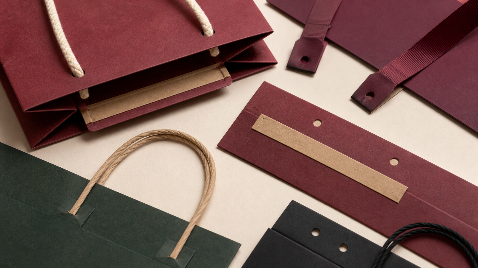 Cotton rope, ribbon and twisted paper handle samples beside folded tops and reinforcement strips