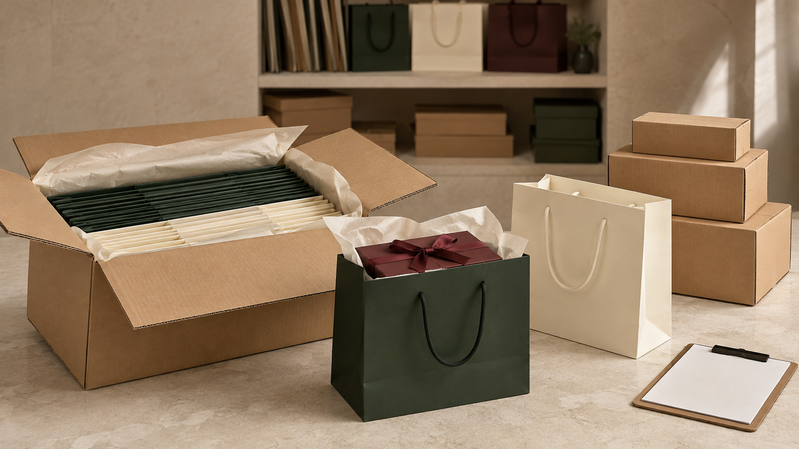 Luxury paper bags nested in a protective export carton beside forest green and ivory shopping bags, a burgundy gift box and sealed cartons