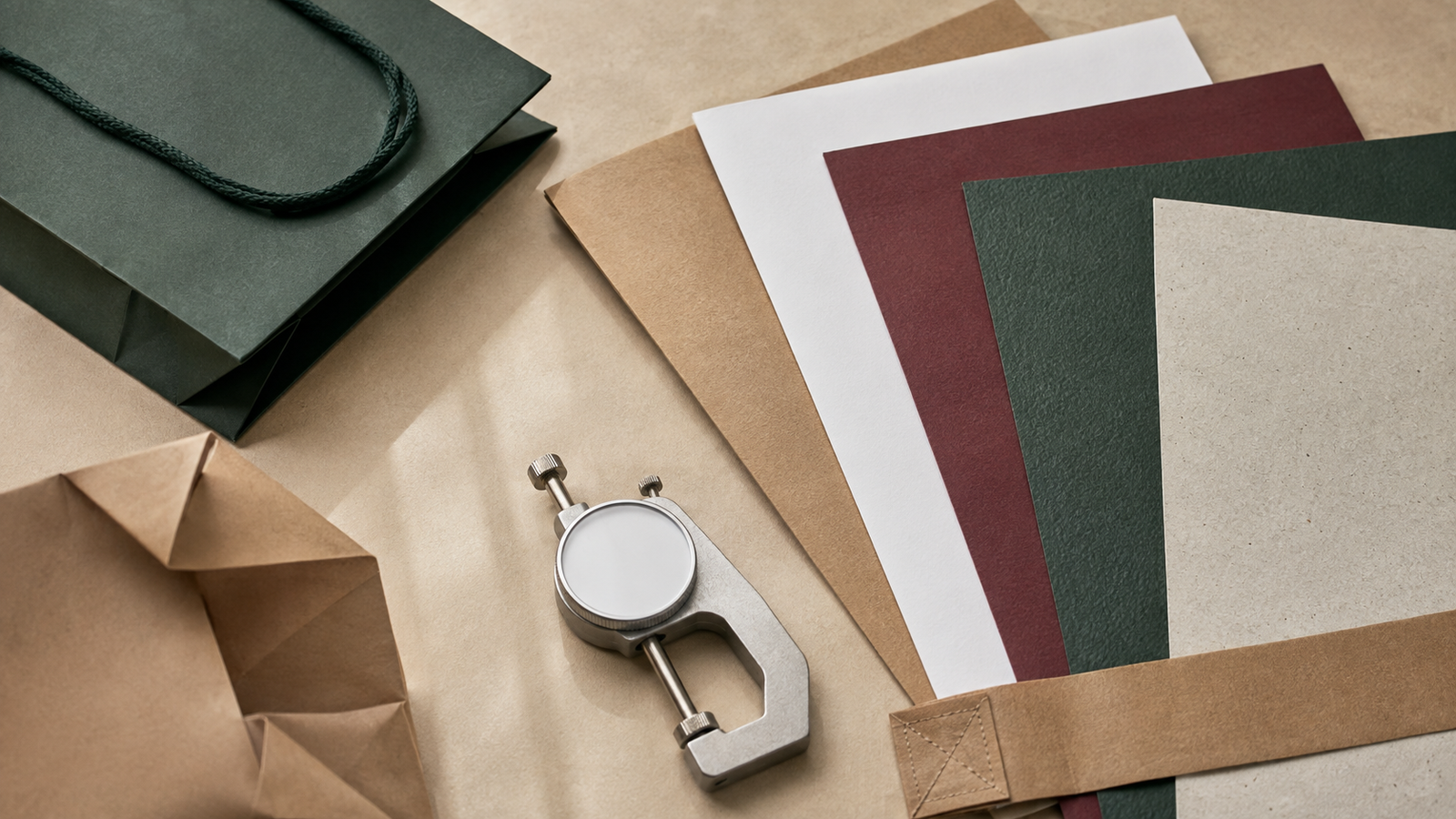Kraft, coated, uncoated, textured and recycled paper swatches with a bag gusset, reinforcement strip and caliper gauge
