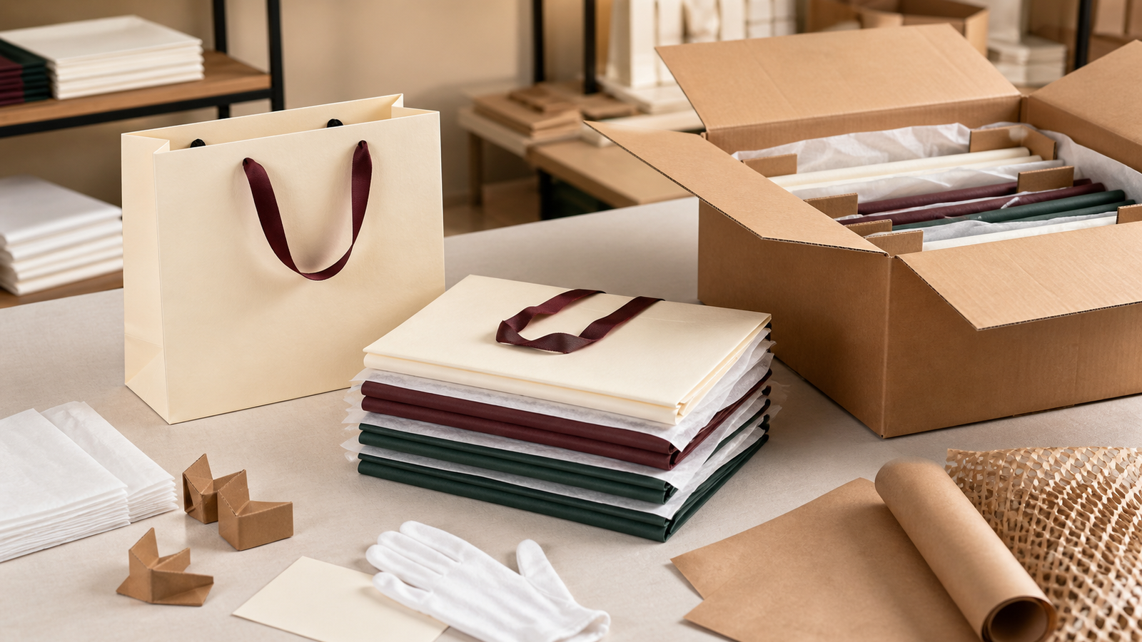 Ivory, burgundy and forest green luxury paper bags separated with tissue and packed into a protective corrugated carton