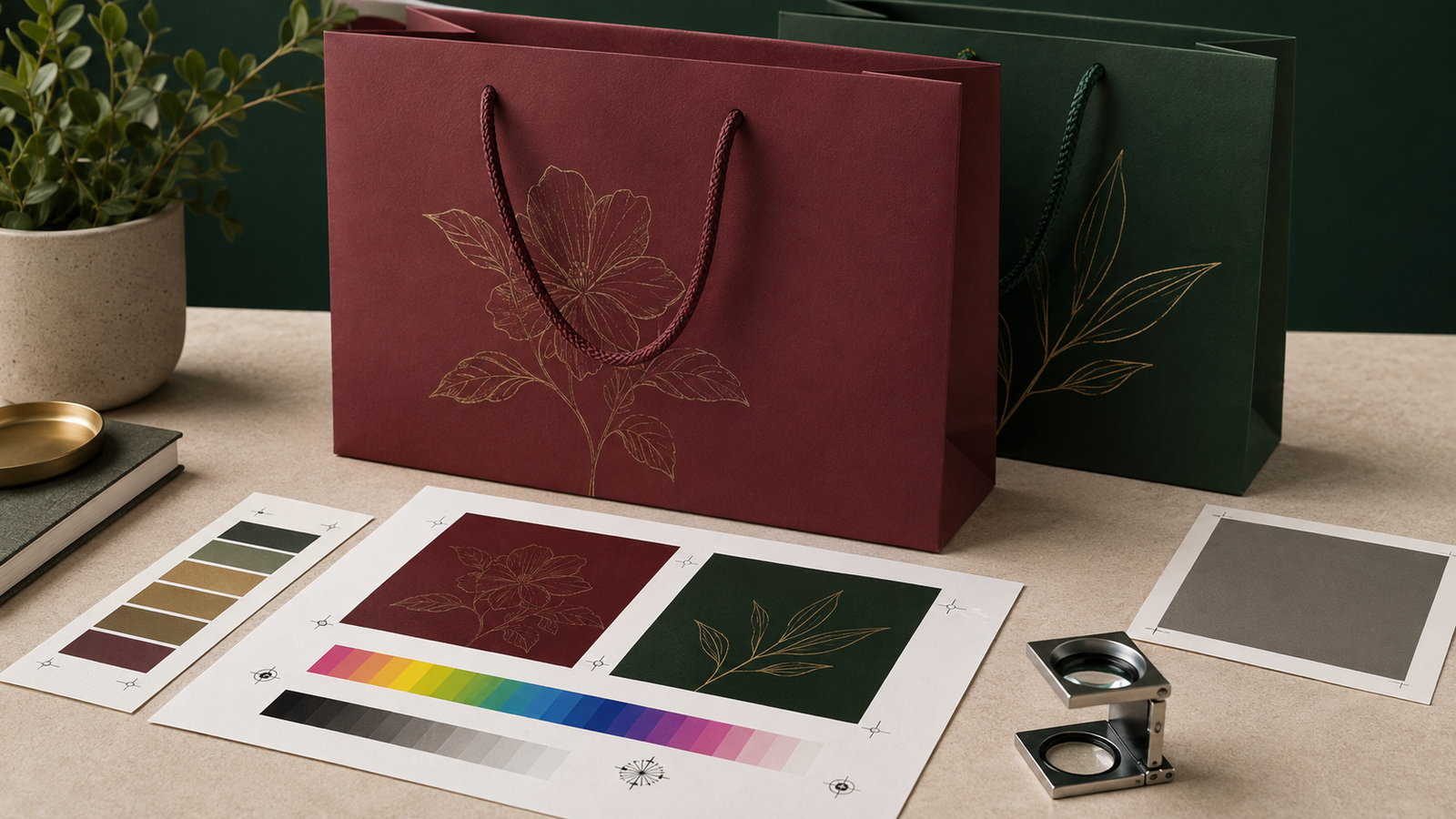 Burgundy and forest green luxury paper bags behind colour proofs, paper swatches and a print inspection loupe