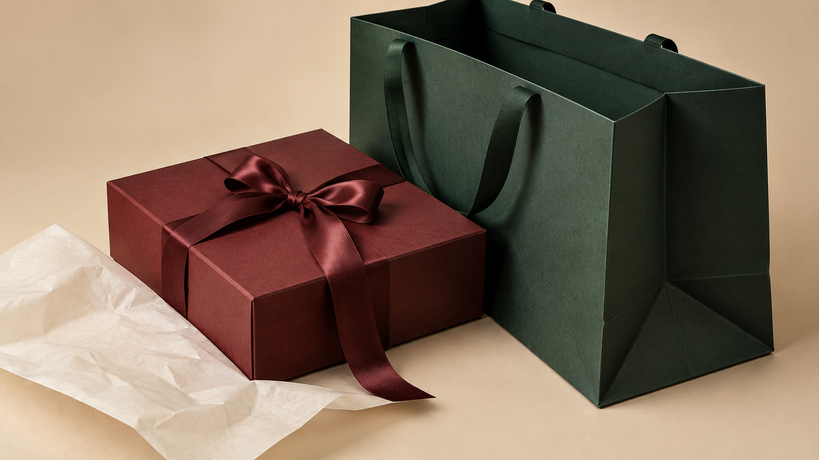 Open forest green luxury paper bag with a burgundy rigid gift box, ivory tissue paper and matching satin ribbon