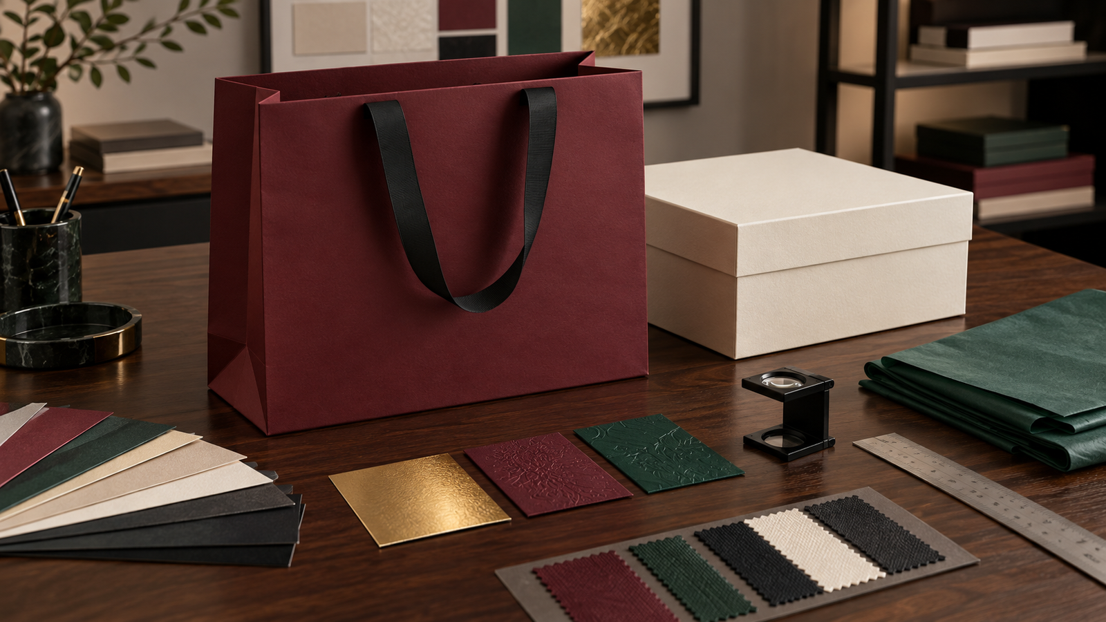 Burgundy luxury paper bag and ivory gift box on an approval table with paper, ribbon, foil and embossing samples