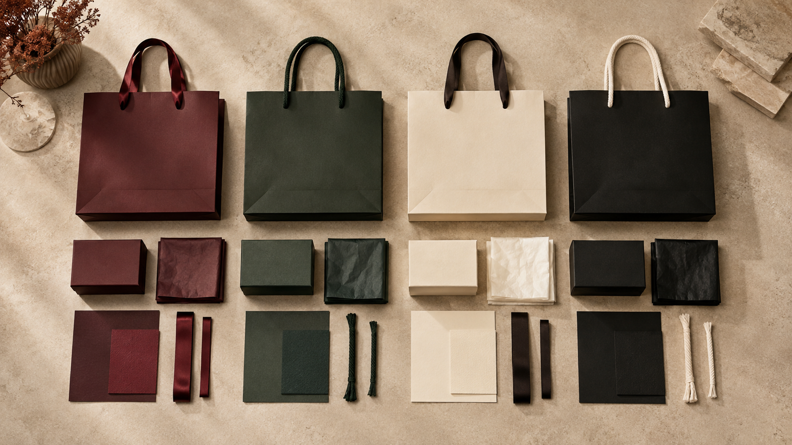 Four coordinated burgundy, green, ivory and black luxury paper bag variants arranged with matching gift boxes, tissue, ribbon, rope and paper swatches