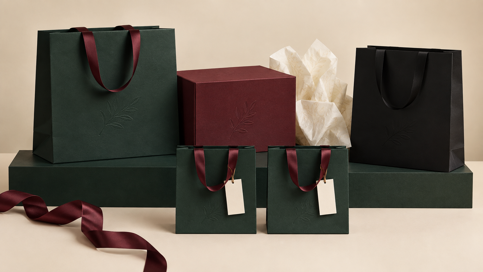 Matching green paper bag samples with burgundy ribbon handles beside luxury shopping bags, rigid gift box and tissue paper