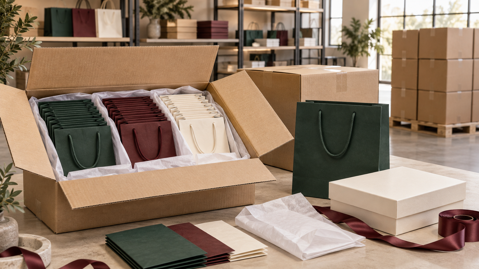 Luxury paper shopping bags protected in an export carton beside a finished green bag, ivory gift box, tissue, ribbon and pallet-ready cartons