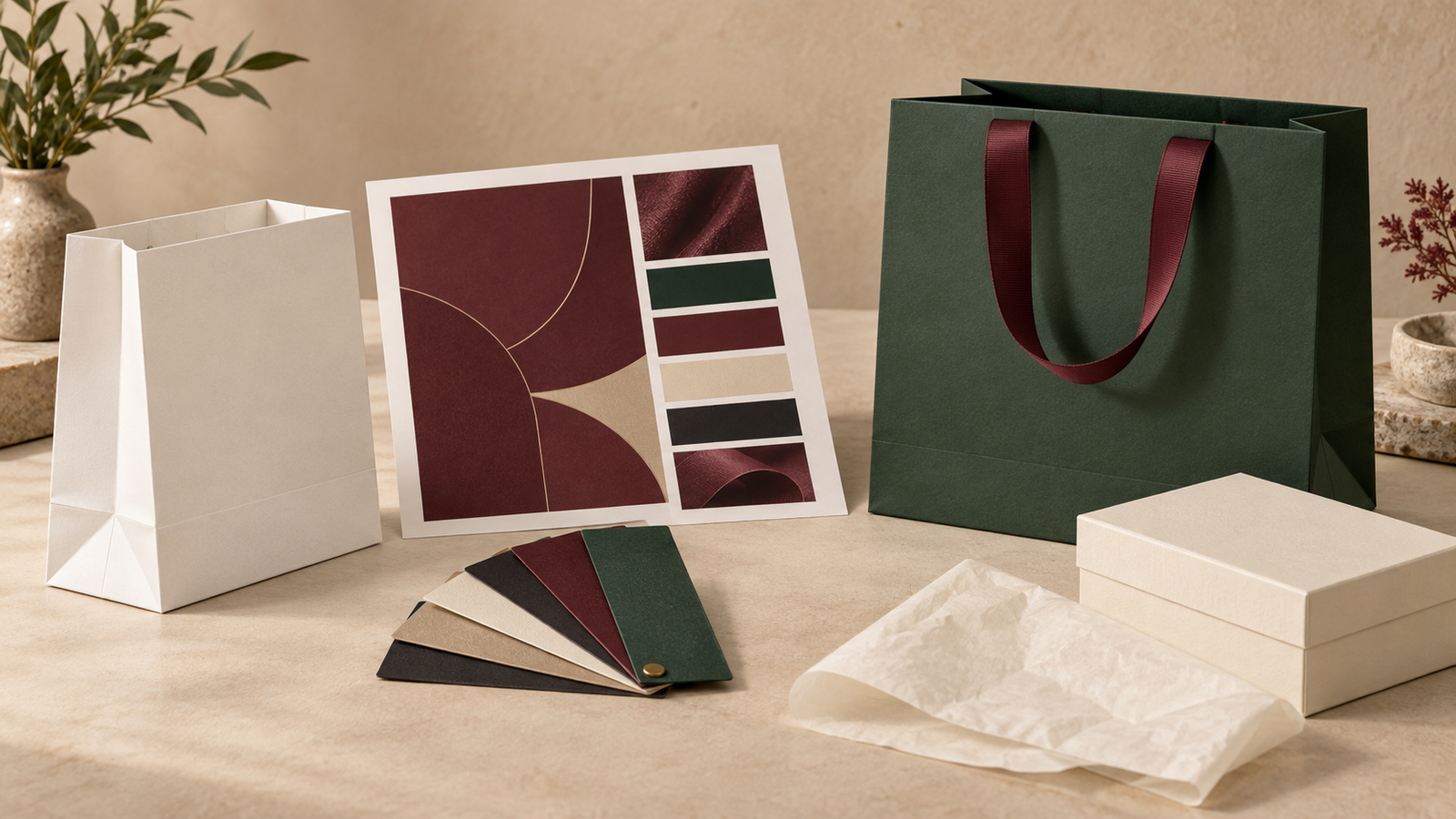 Plain paper bag dummy, burgundy colour proof, material swatches and finished green luxury paper bag with ribbon handles