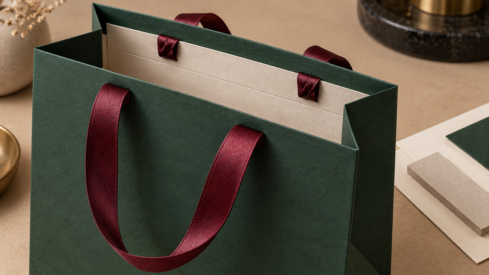 Open forest green luxury paper bag with burgundy ribbon handles, folded ivory turn-top and reinforcement board samples
