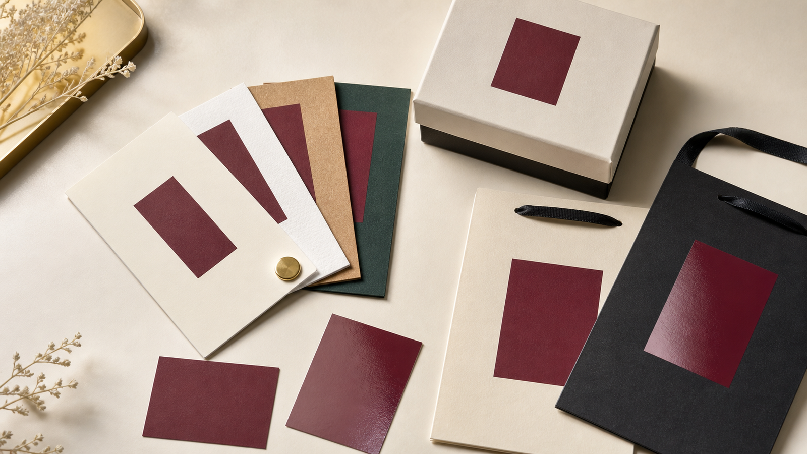 The same burgundy colour printed across coated, uncoated, kraft, coloured, matte and gloss packaging samples