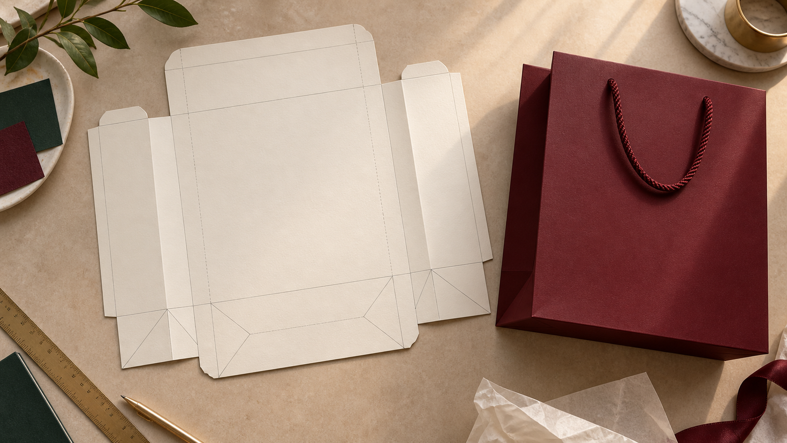 Unfolded ivory paper shopping bag with crease and fold lines beside a finished burgundy rope-handle bag