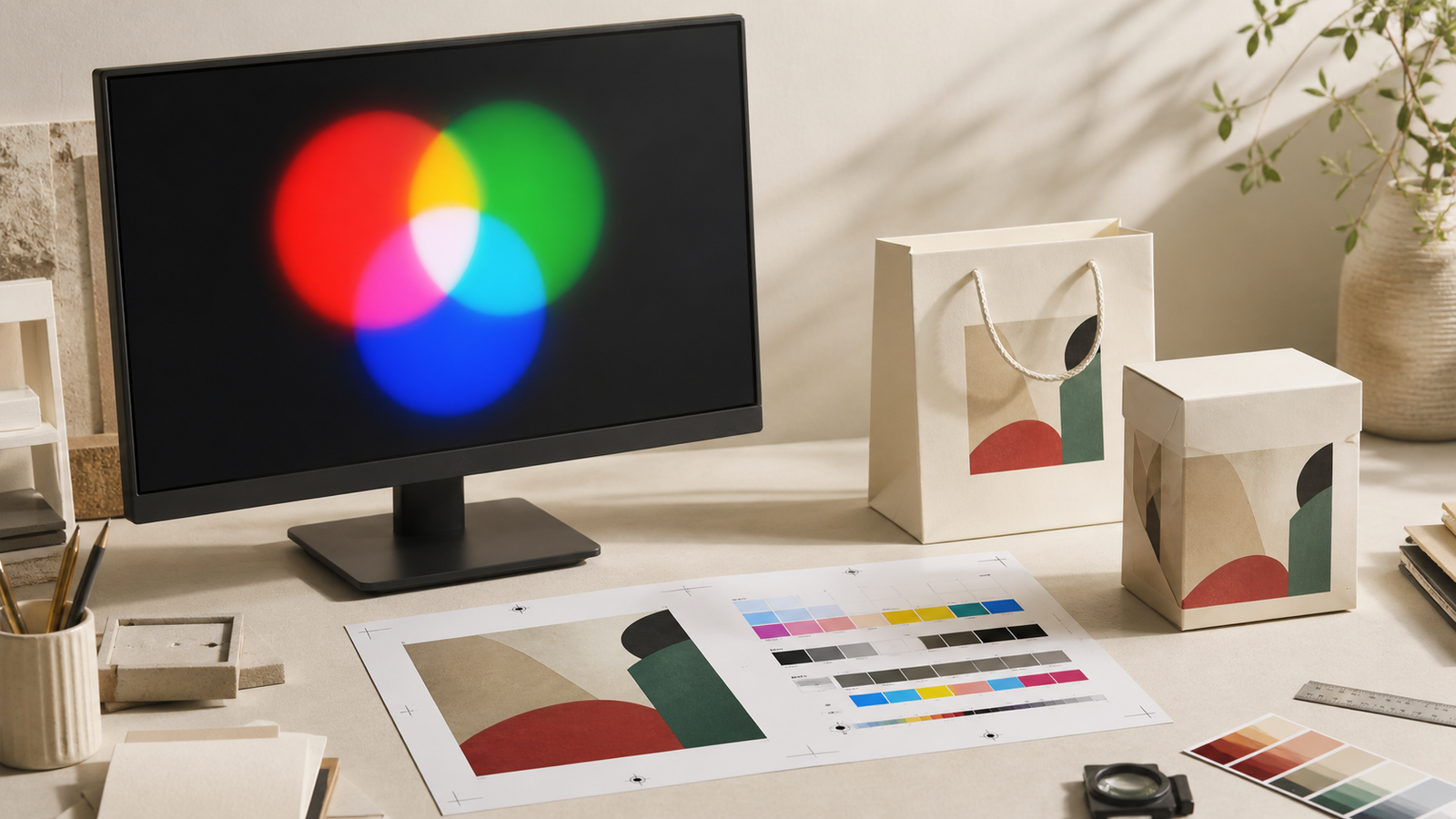 Design monitor showing luminous RGB colour beside CMYK print proofs, a paper bag and a folding carton