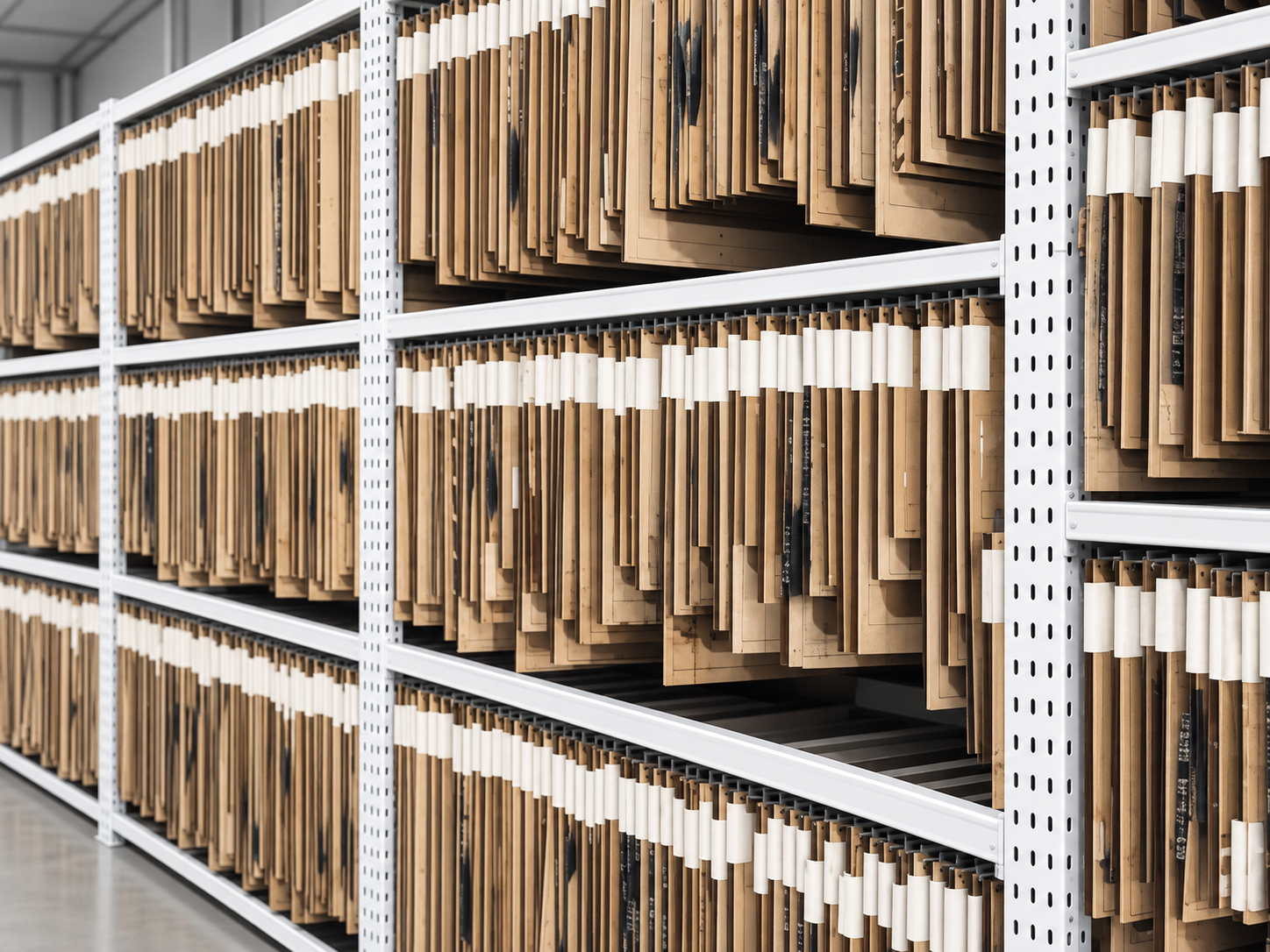 Stored cutting dies for custom paper bags and packaging production